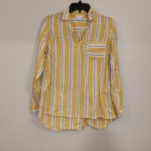 J. Jill Yellow and White Striped Linen Shirt with Blue Accent